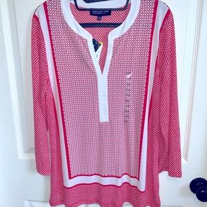Jones New York Petite Medium orange and white long sleeve blouse NWT
